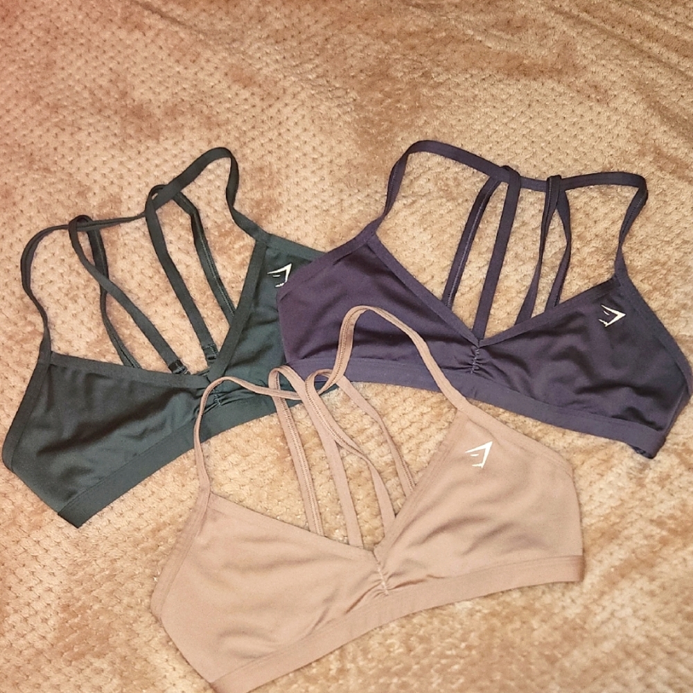 Gymshark Micro Sports Bra Set - Green, Blush/beige, and Gray